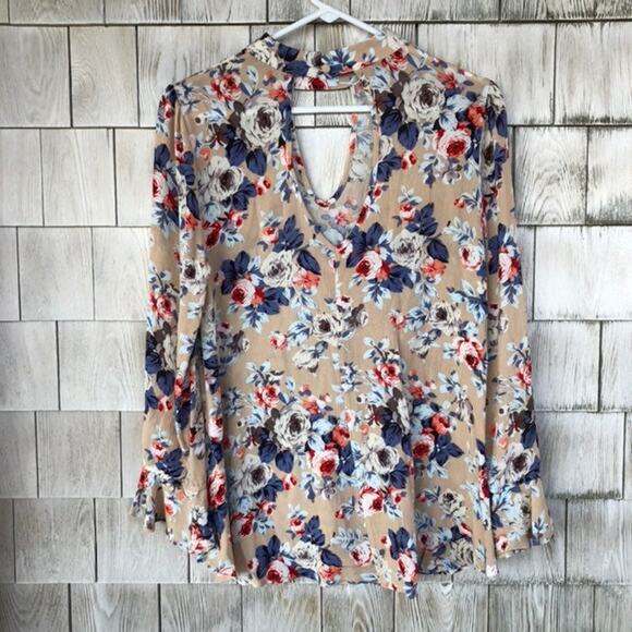 Altar’d State Long Sleeved Floral Blouse Tan Blue Red Women's Small - Picture 6 of 7
